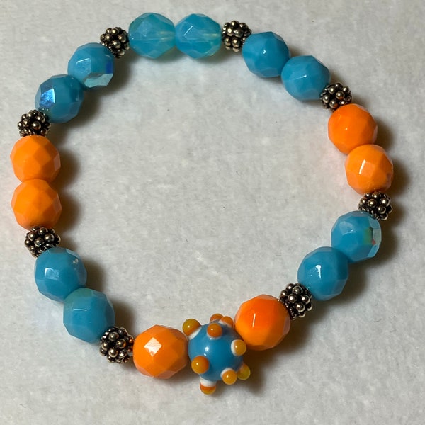 Stretch Bracelet Blue Orange Firepolish  Beads Average Size Fits Most