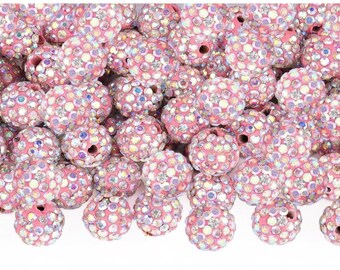 20pcs-10mm Pink AB Round Polymer Clay Rhinestone Bead 1mm Hole