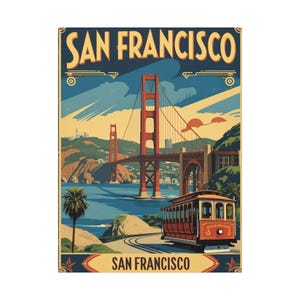 Toile vintage San Francisco : affiche de voyage rétro, oeuvre d&#39;art murale côtière