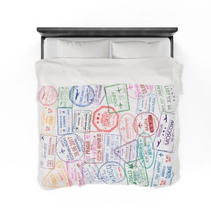 Travel Passport Stamps Blanket, Wanderlust Fleece Throw, Adventure Tapestry, World Map Bedspread, Globe Explorer Bedding, Traveler Gift