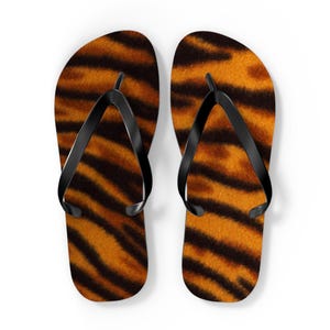 Tiger Print Flip Flops, Summer Beach Sandals, Animal Print Pool Shoes, Safari Theme Footwear & Jungle Print Slippers
