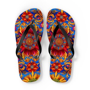 Flower Flip Flops, Floral Beach Shoes, Summer Sandals, Vacation Footwear, Tropical Flip Flop Slippers