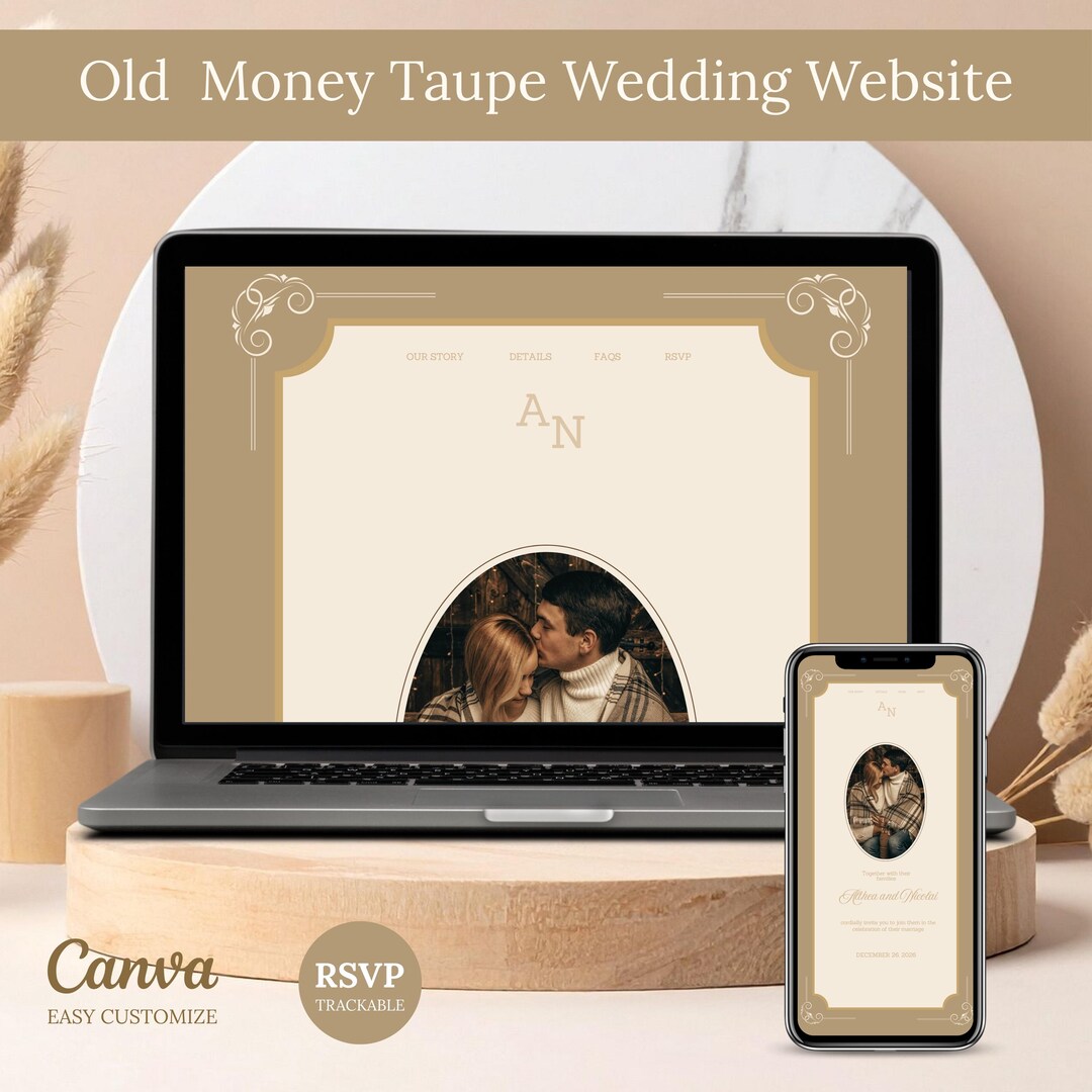 Elegant Taupe Wedding Website Template, Canva Editable, RSVP (digital