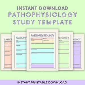 Könnte beinhalten: Eine Reihe druckbarer Lernvorlagen für Pathophysiologie mit Pastellfarben. Die Vorlagen enthalten Abschnitte für Schlüsselinformationen, Anzeichen und Symptome sowie Behandlungen. Der Text enthält "Sofort-Download" und "Studienvorlage".