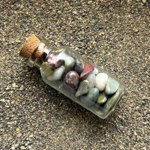 Glass Bottle of Beach Stones - Jasper Quartz Pretty Rocks - Gift