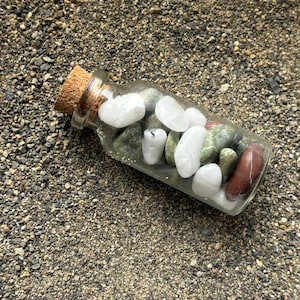 Glass Bottle of Beach Stones - Jasper Quartz Pretty Rocks - Gift Geology Rockhound Rock Collector