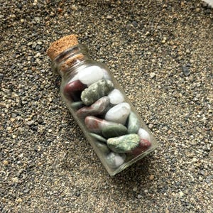Glass Bottle of Beach Stones - Jasper Quartz Pretty Rocks - Gift Tiny Treasures Geology Gift Rockhound