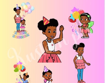 May include: A collection of cartoon illustrations featuring a young girl with dark skin, wearing party hats and dresses. Some illustrations include balloons and the text "Gracie's Corner" in a colorful, playful font. The overall theme is birthday celebrations.