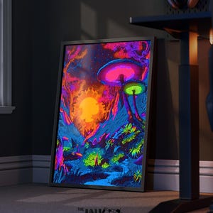 Neon Blacklight Alien Landscape Art – Psychedelic Mushroom Scene (Digital Download)