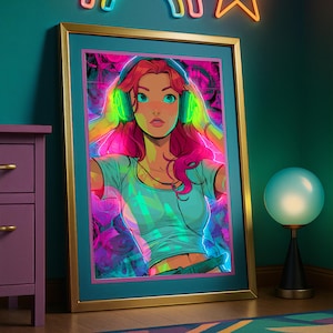 May include: Framed art print featuring a vibrant illustration of a person with pink hair and teal eyes wearing headphones. The artwork has a neon glow effect and is set against a colorful background. The frame is gold.