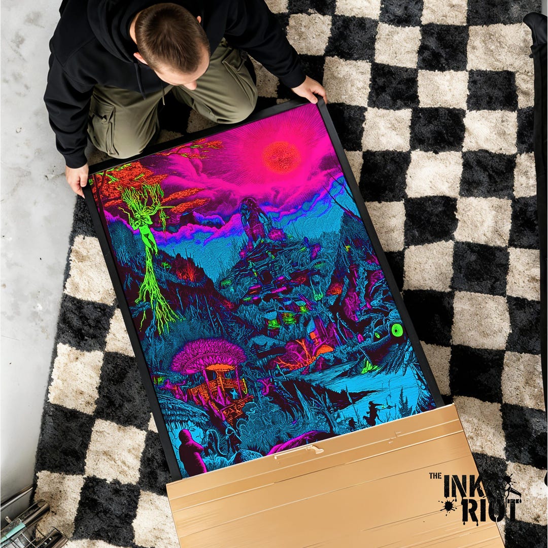 Psychedelic Neon Mushroom Landscape Art Print, Surreal Fantasy Digital ...