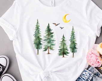 Camisa de árbol de hoja perenne, camisa de bosque, camisa de naturaleza, camisa al aire libre, camisa de acuarela, camiseta gráfica de bosque, camisa de senderismo, camisa de pino