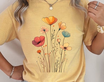 Pressed Flowers Tshirt, Boho Wildflowers Cottagecore Shirt, Oversized Vintage Botanical Tee, Pastel Floral Nature Shirt, Garden Lover Shirt