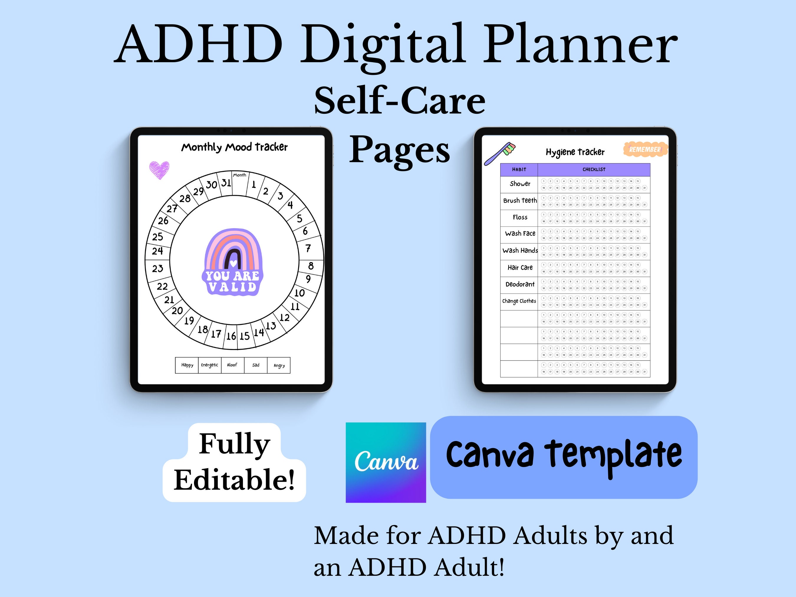 ADHD Planner Canva Template Instant Download Self Care Pages - Etsy