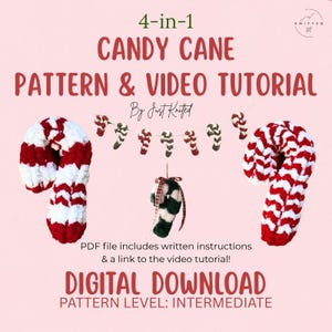 May include: A digital download for a 4-in-1 candy cane pattern and video tutorial by Just Knitted. The image displays two large red and white crocheted candy canes, a garland of small candy canes, and one green and white candy cane ornament.