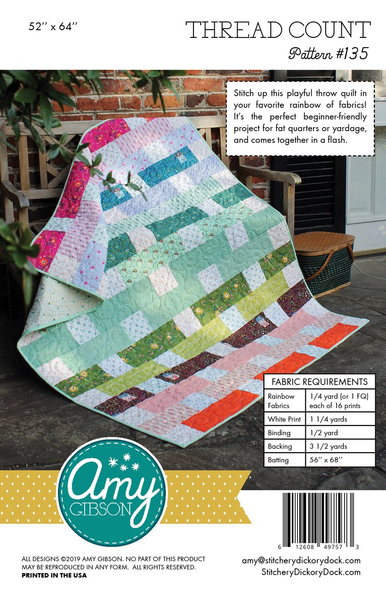 May include: A quilt pattern called "Thread Count" with a colourful patchwork design. The quilt is made with a variety of fabrics in shades of green, blue, pink, and orange. The pattern is for a throw quilt that measures 52 inches by 64 inches. The pattern is by Amy Gibson.