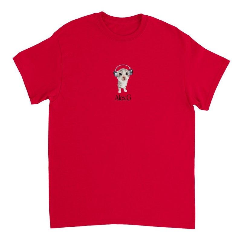Alex G Cat Tee with Headphones Crewneck UNISEX Red