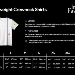 Op de afbeelding: Maattabel voor zware crewneck shirts met maten in inches en centimeters. De tabel toont de lengte, halve borst en mouwlengte voor maten S, M, L, XL, 2XL en 3XL.