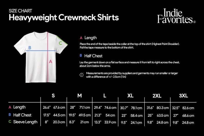 Op de afbeelding: Maattabel voor zware crewneck shirts met maten in inches en centimeters. De tabel toont de lengte, halve borst en mouwlengte voor maten S, M, L, XL, 2XL en 3XL.