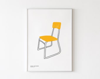 May include: A framed wall art print featuring a line drawing of a school chair with a yellow seat and backrest. The chair has a black metal frame. The text at the bottom left reads SCHOOL CHAIR SERIES and underneath it, the text reads chair no. 002.