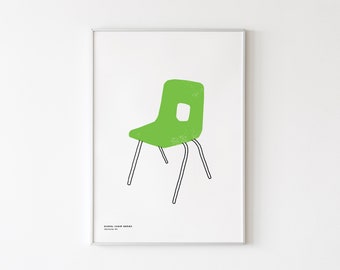 May include: A framed wall art print featuring a lime green school chair with a cutout in the backrest and thin black metal legs. The bottom left corner contains the text SCHOOL CHAIR SERIES and illustration no.