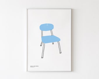 May include: A framed art print featuring a light blue school chair with a black outline. The chair has a rounded backrest and a square seat. The text "SCHOOL CHAIR SERIES" and "illustration 001" is printed in small black letters at the bottom left.