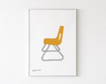 May include: A framed wall art print featuring a mustard yellow school chair illustration with a black line drawing of a metal frame base. The text SCHOOL CHAIR SERIES and illustration 001 are printed in small black letters at the bottom left corner.