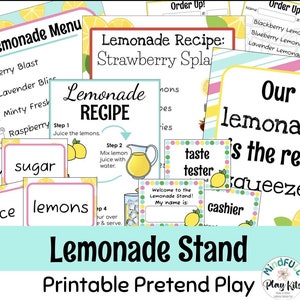 May include: A printable pretend play set for a lemonade stand. The set includes a lemonade menu, a recipe for strawberry lemonade, a sign that says "Our lemonade is the real squeeze!" and other signs for a lemonade stand.