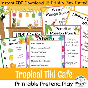 May include: A printable pretend play set for a tropical tiki cafe. The set includes a menu with drinks like Lava Flow Fizz, Sunset Mango Splash, Tropical Tiki Twist, Luau Lemonade, Coconut Cove Cooler, and Surf's Up Smoothie. There are also signs for Luau Limeade, Paradise Passion Punch, and Aloha Punch.