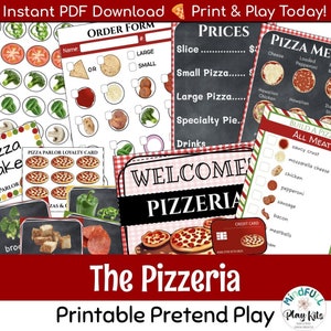 Peut inclure: Ensemble de jeu d'imitation imprimable pour une pizzeria. L'ensemble comprend une enseigne de bienvenue, un bon de commande, une liste de prix, des garnitures à pizza et une carte de fidélité. L'ensemble est conçu pour aider les enfants à apprendre à commander de la nourriture et à gérer une entreprise.