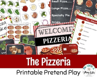 May include: Printable pretend play set for a pizzeria. The set includes a welcome sign, order form, price list, pizza toppings, and a loyalty card. The set is designed to help children learn about ordering food and running a business.