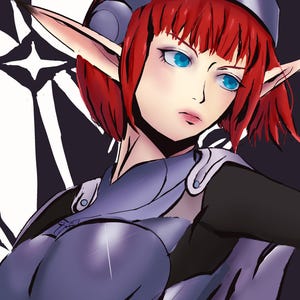 May include: Digital illustration of a female anime character with red hair, blue eyes, and pointed ears. She wears a silver headpiece and a purple and black outfit. The background features a black and white geometric design.