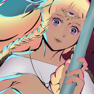 May include: Digital illustration of a woman with long blonde hair, a braid, and a third eye. She wears a white top and holds a blue pole. The artwork has a comic book style with vibrant colours and bold outlines.