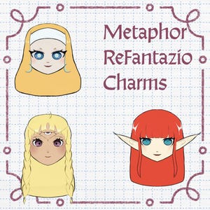 May include: An illustration featuring three cartoon faces with varied hairstyles and colours. The text "Metaphor Refantazio Charms" is displayed in a decorative font. The background has a grid pattern with decorative borders.