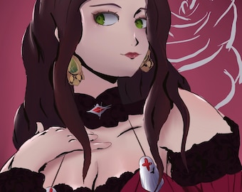 May include: Digital illustration of a woman with long, dark hair and green eyes, wearing a red dress with black lace trim. She has gold earrings and a red and white gem on her chest. A white rose outline is in the background.