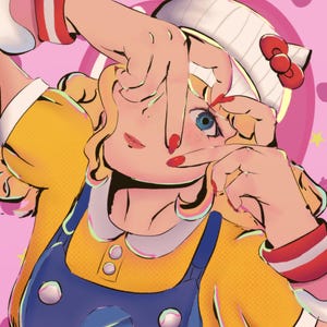 May include: Illustration of a person with blue eyes, red nails, and a yellow top with blue overalls. The person is wearing a white hat with a red bow and is making a hand gesture. The background is pink with stars.