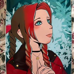 May include: Illustration of a woman with red hair in braids, wearing a red jacket and a black choker with a flower pendant. The background features a teal floral design. The artwork has a manga or anime style.