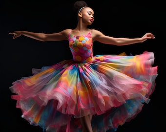 May include: A woman wearing a colorful, multi-layered tulle dress with a floral pattern. The dress is pink, blue, yellow, and green. The woman is posing with her arms outstretched, and her dress is flowing around her.