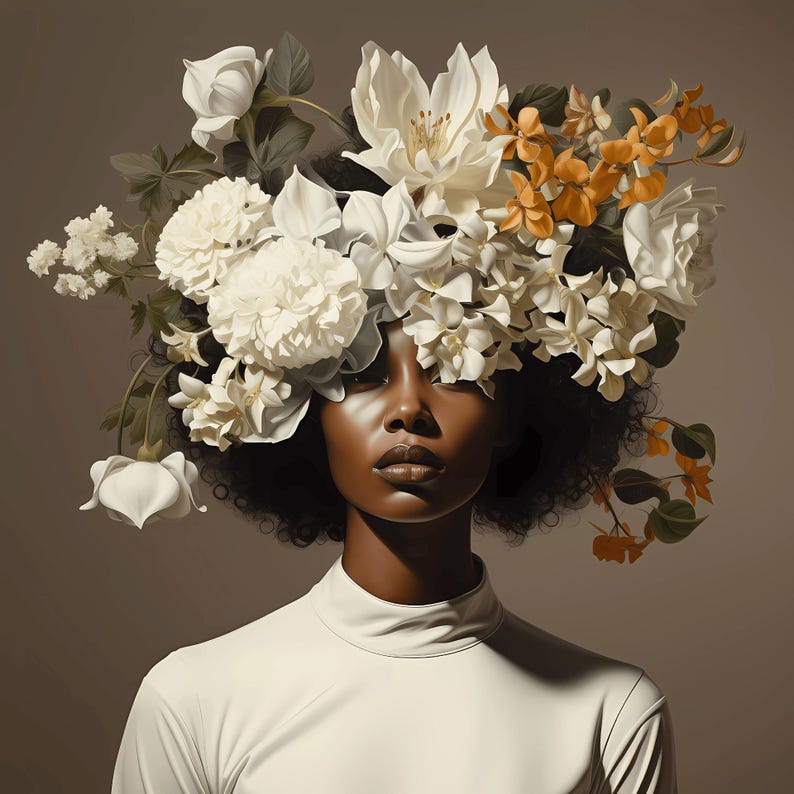 Black Girl With Flower Art Print: African American Woman Portrait ...