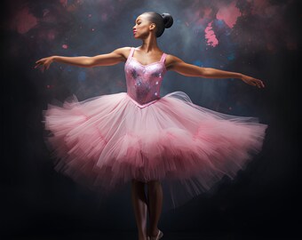 May include: A ballerina in a pink tutu with a sparkly bodice poses on a dark background with colorful paint splatters.