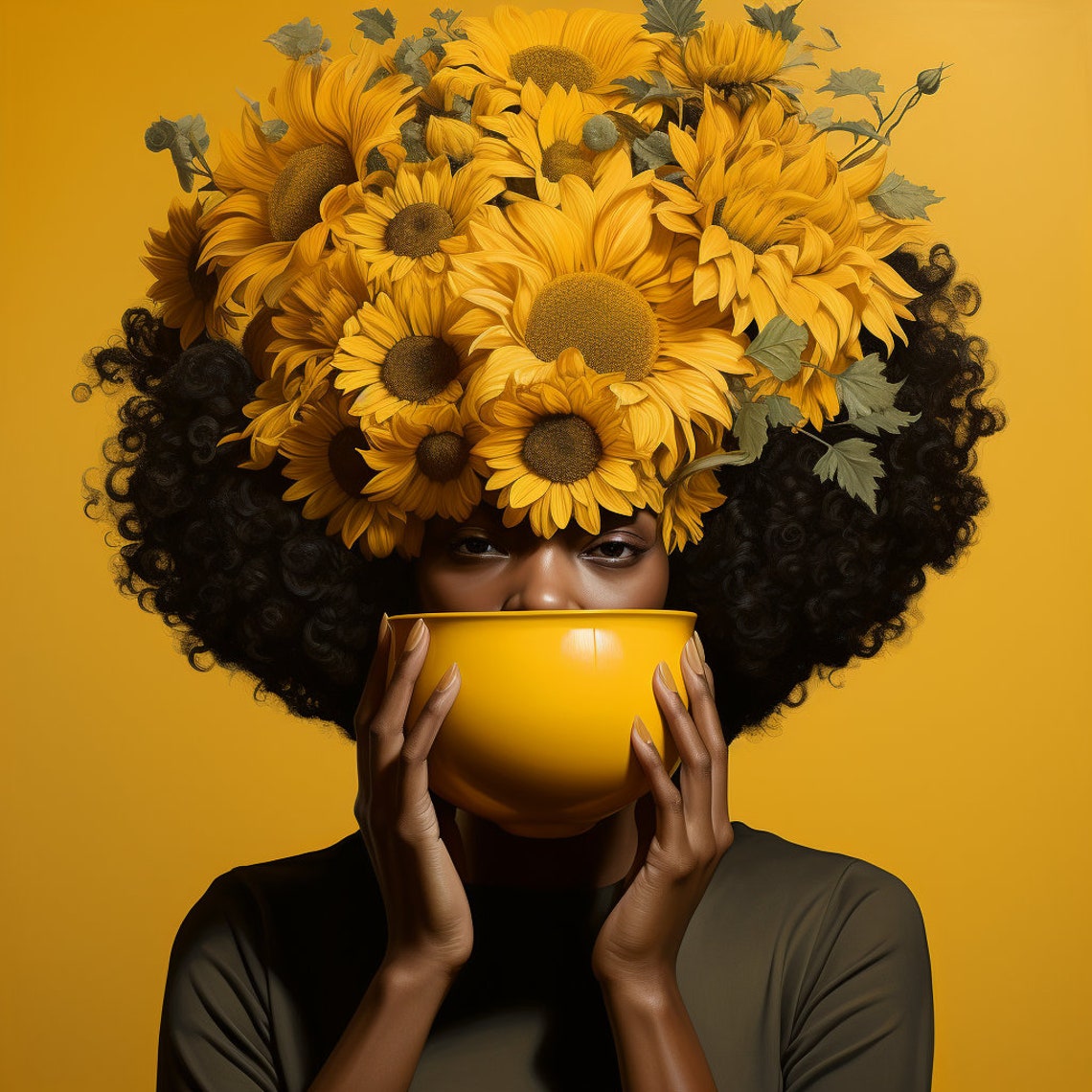 Black Girl With Flowers Art Print African American Woman Portrait 