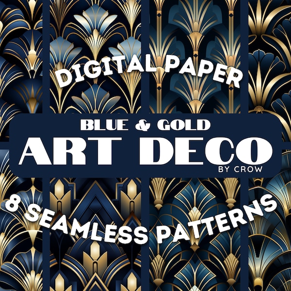 Navy Blue and Gold Art Deco Digital Paper Pack | Seamless Patterns | Commercial Use | Digital Download | Print-Ready | Textures