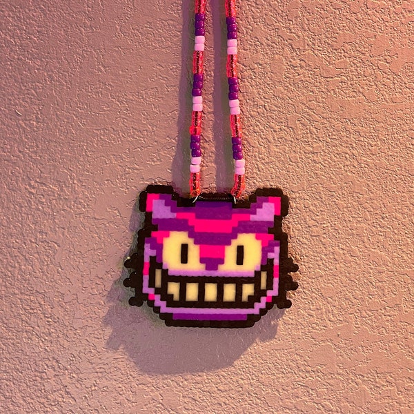 Alice in Wonderland Cheshire Cat Perler Bead Necklace w/ Glow in the dark eyes and teeth