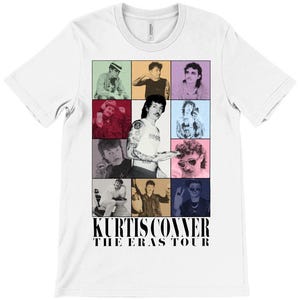 May include: White t-shirt with a collage of black and white photos of a man with different hairstyles and outfits. The text "Kurtis Conner The Eras Tour" is printed in black at the bottom of the shirt.