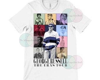 May include: White t-shirt with a collage of images of a man in different outfits and poses. The text "GEORGE RUSSELL THE ERAS TOUR" is printed below the collage.