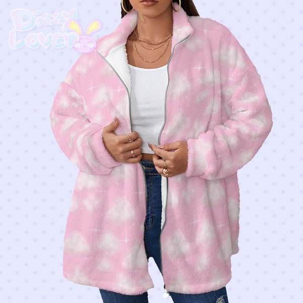 Pink Cloudy Skies Unisex Fuzzy Coat [Fairy kei, Yume Kawaii, Decora, Cult Party Kei, Harajuku Fashion]