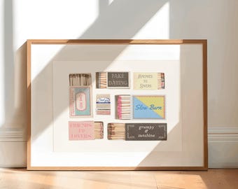 Impresión horizontal de caja de cerillas con tropos de novela romántica, impresión de pared para rincón de lectura, decoración de dormitorio, póster literario, regalo para amantes de los libros, imprimible, estético