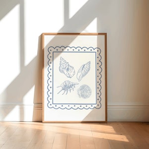 Seashells Frame Blue vintage beachy seashell line art Dorm Room Decor coastal Cowgirl Print Coastal granddaughter Printable aesthetic poster