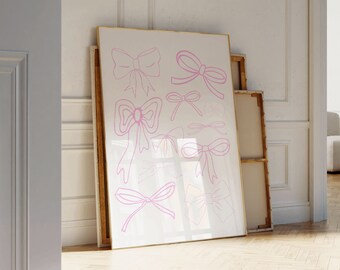 Pink Coquette Line Art Ribbon Bow Print, Digital Print, Balletcore Aesthetic Room Decor, Printable Dollette Poster Ribbons Bows Wall Artwork