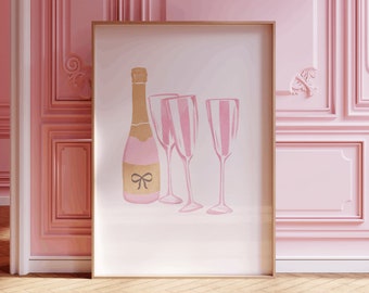 May include: A pink champagne bottle with a gold bow and three pink champagne flutes with gold stripes on a white background.